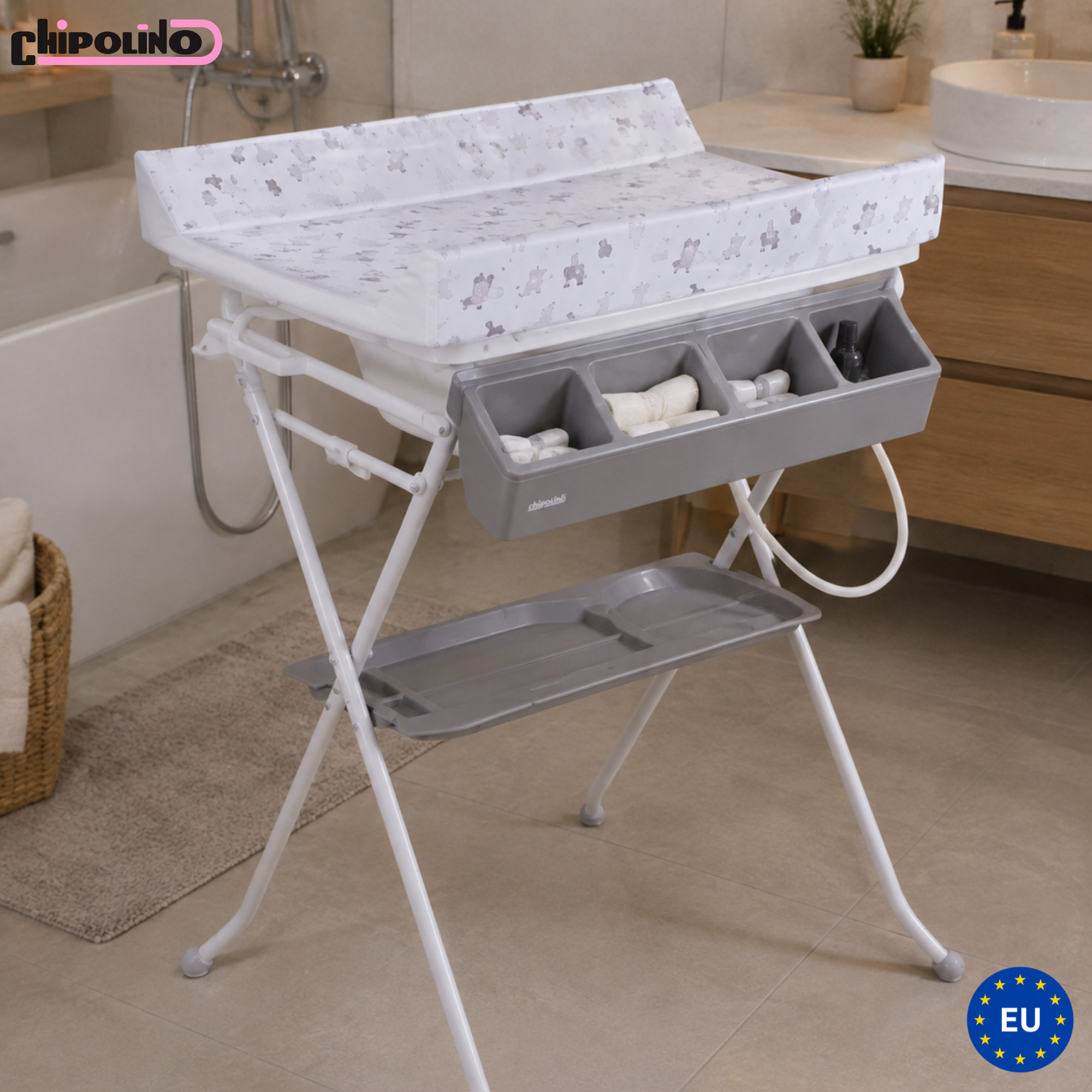 Bath tub with stand and changing pad aqua